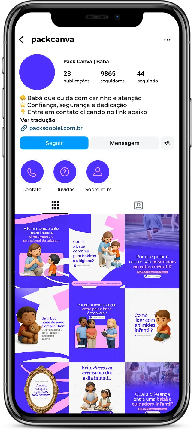 Pack de posts editáveis no Canva para babás que cuidam de crianças em diferentes idades, com conteúdos sobre rotina, desenvolvimento emocional, limites e acompanhamento diário.