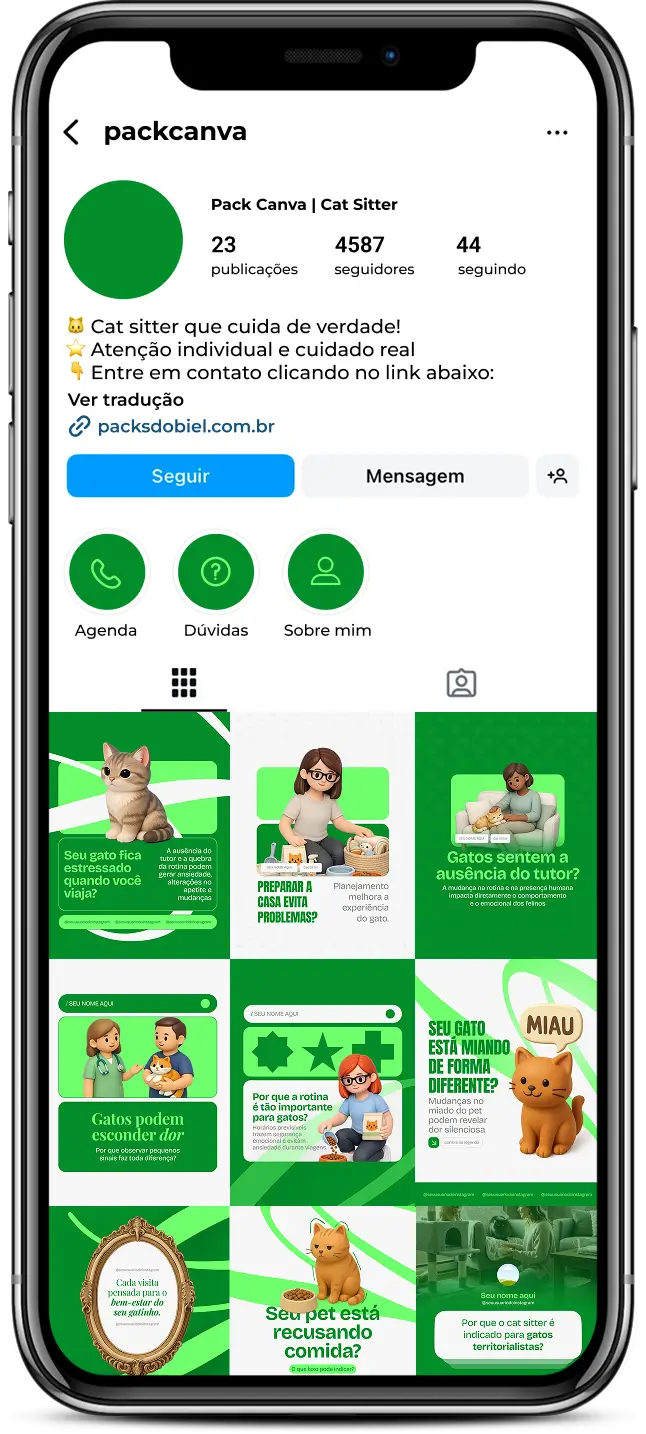 Pack de templates editáveis no Canva para cat sitter que cria conteúdo educativo sobre gatos domésticos, necessidades felinas, adaptação ao ambiente e cuidados em períodos de viagem.