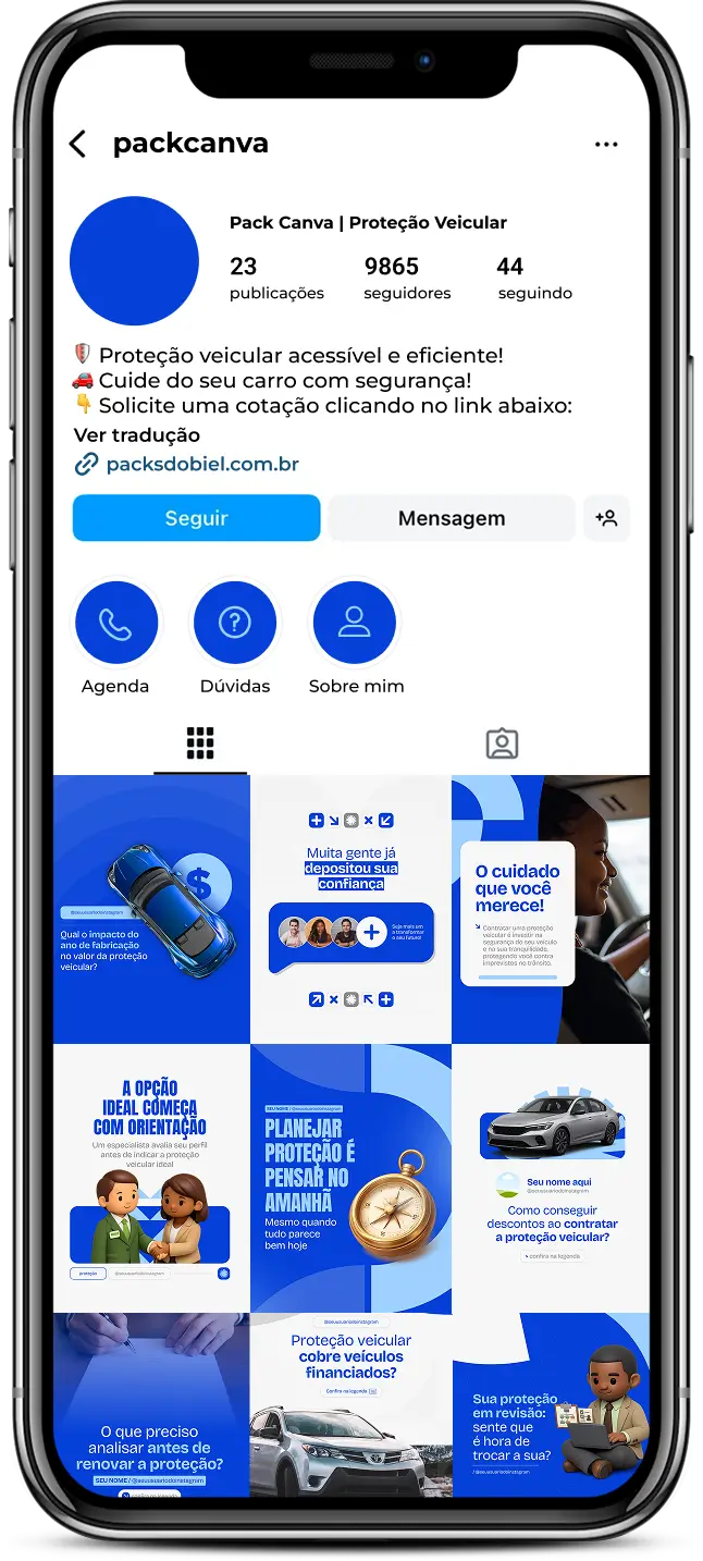 Pack de posts editáveis no Canva para empresas e consultores de proteção veicular que produzem conteúdo sobre segurança automotiva, cobertura contra roubo e furto, assistência 24h, benefícios da proteção veicular e orientação ao associado, com feed profissional e informativo.