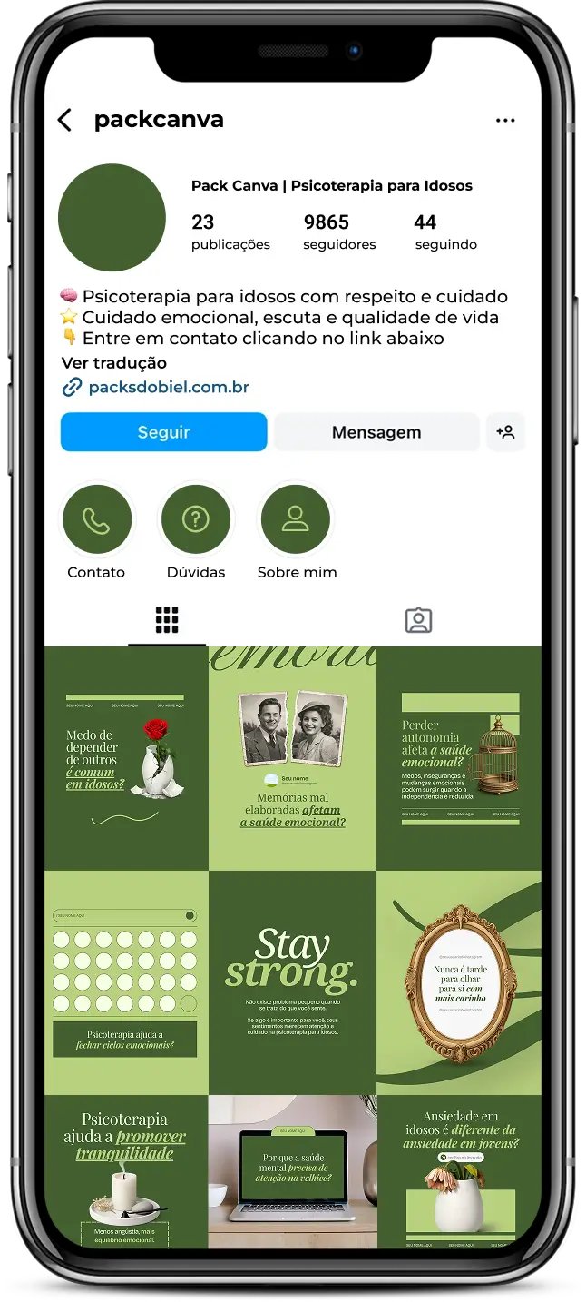 Pack de posts editáveis no Canva para psicoterapia geriátrica, ideal para abordar temas como solidão, ansiedade, depressão, envelhecimento ativo e saúde emocional do idoso.