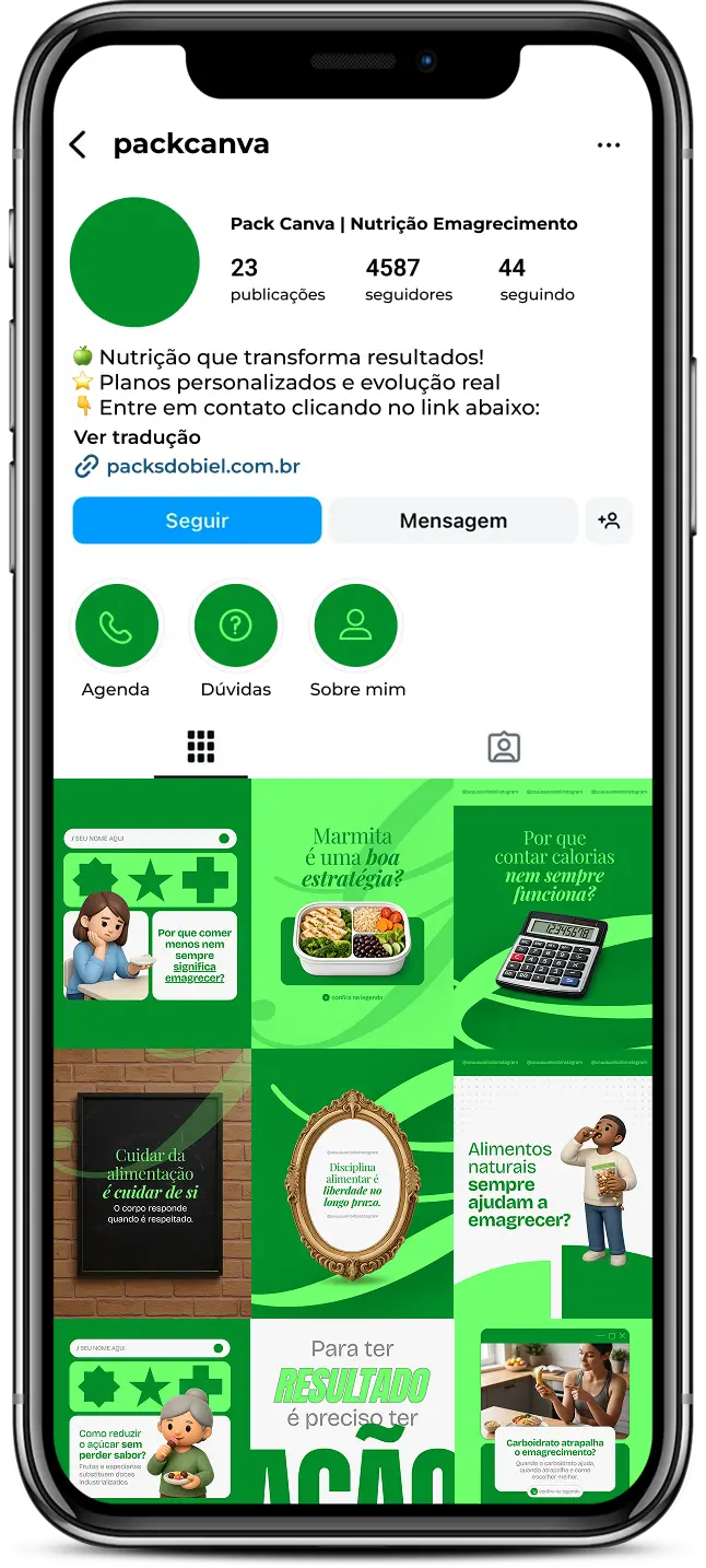 Pack de posts editáveis no Canva para nutricionistas que trabalham com emagrecimento sem dietas restritivas, abordando comportamento alimentar, saciedade, planejamento de refeições e relação saudável com a comida.