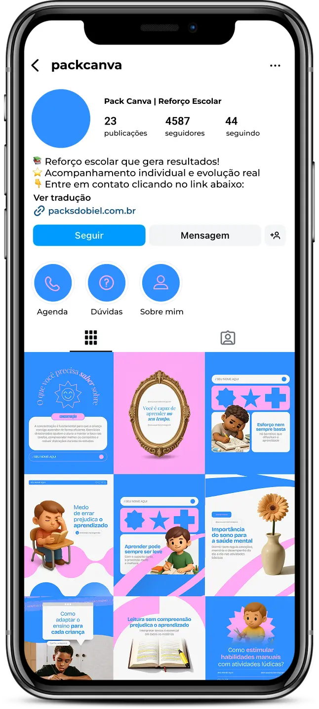 Pack de artes editáveis no Canva para profissionais de reforço escolar que desejam criar conteúdo sobre revisão de matérias, reforço de habilidades acadêmicas, apoio em dever de casa, estudo direcionado e acompanhamento pedagógico.