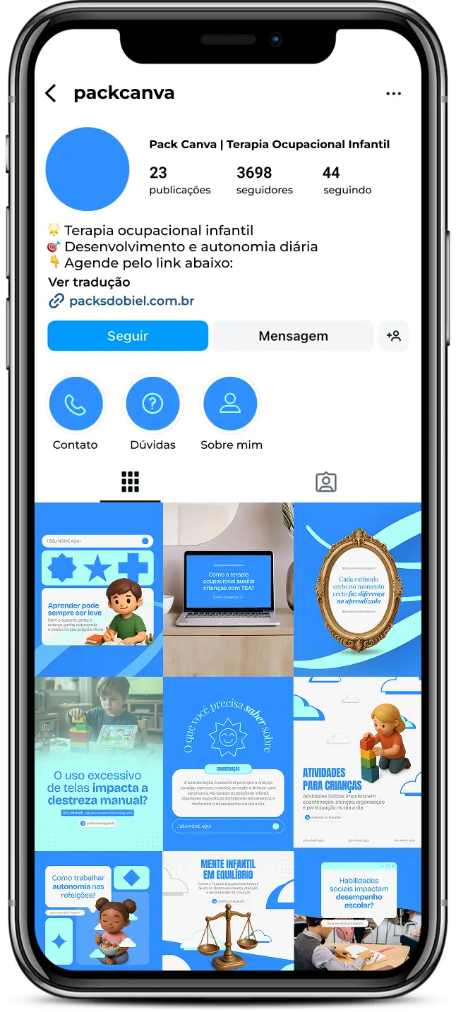 Pack de posts editáveis no Canva para terapeutas ocupacionais que trabalham com crianças, ideal para compartilhar orientações sobre exercícios lúdicos, habilidades cognitivas, adaptação escolar, desenvolvimento motor e bem-estar infantil.