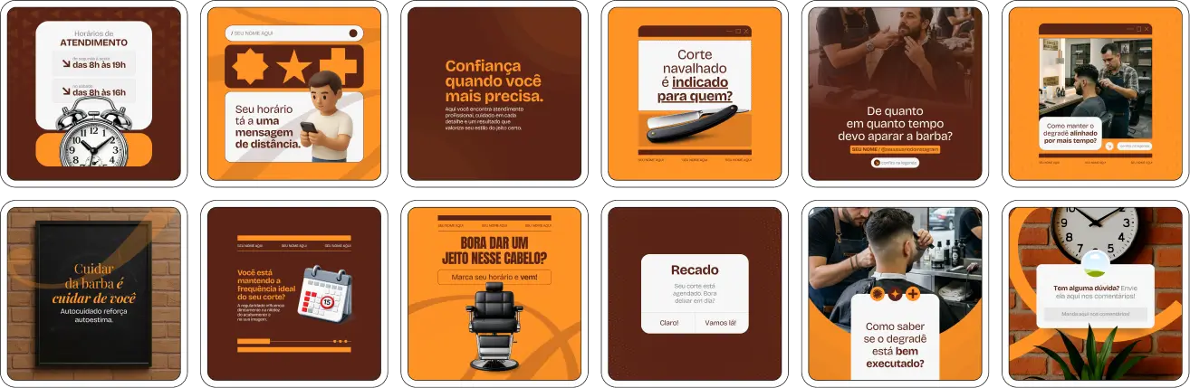 Pack de posts editáveis para Instagram barbearia com foco em estilo masculino e cortes