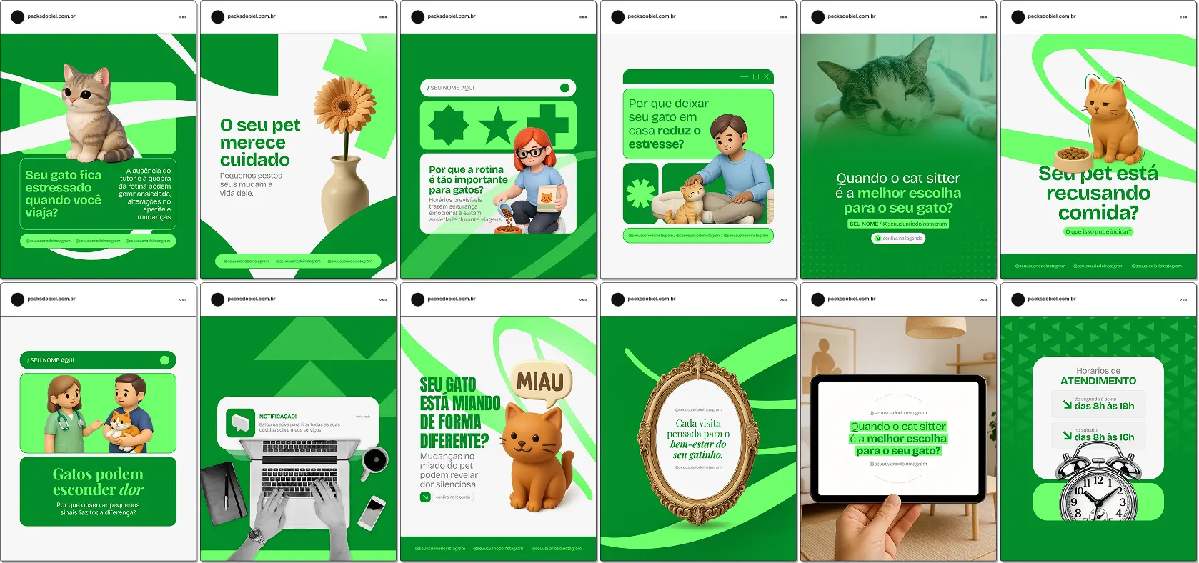 Pack de posts editáveis no Canva para cuidadores de gatos que produzem conteúdo sobre cat sitter profissional, cuidados felinos, confiança, responsabilidade e qualidade no atendimento aos pets.