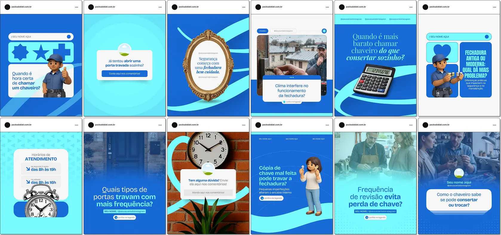 Pack Canva chaveiro com posts editáveis para Instagram de serviços de chaveiro e atendimento residencial