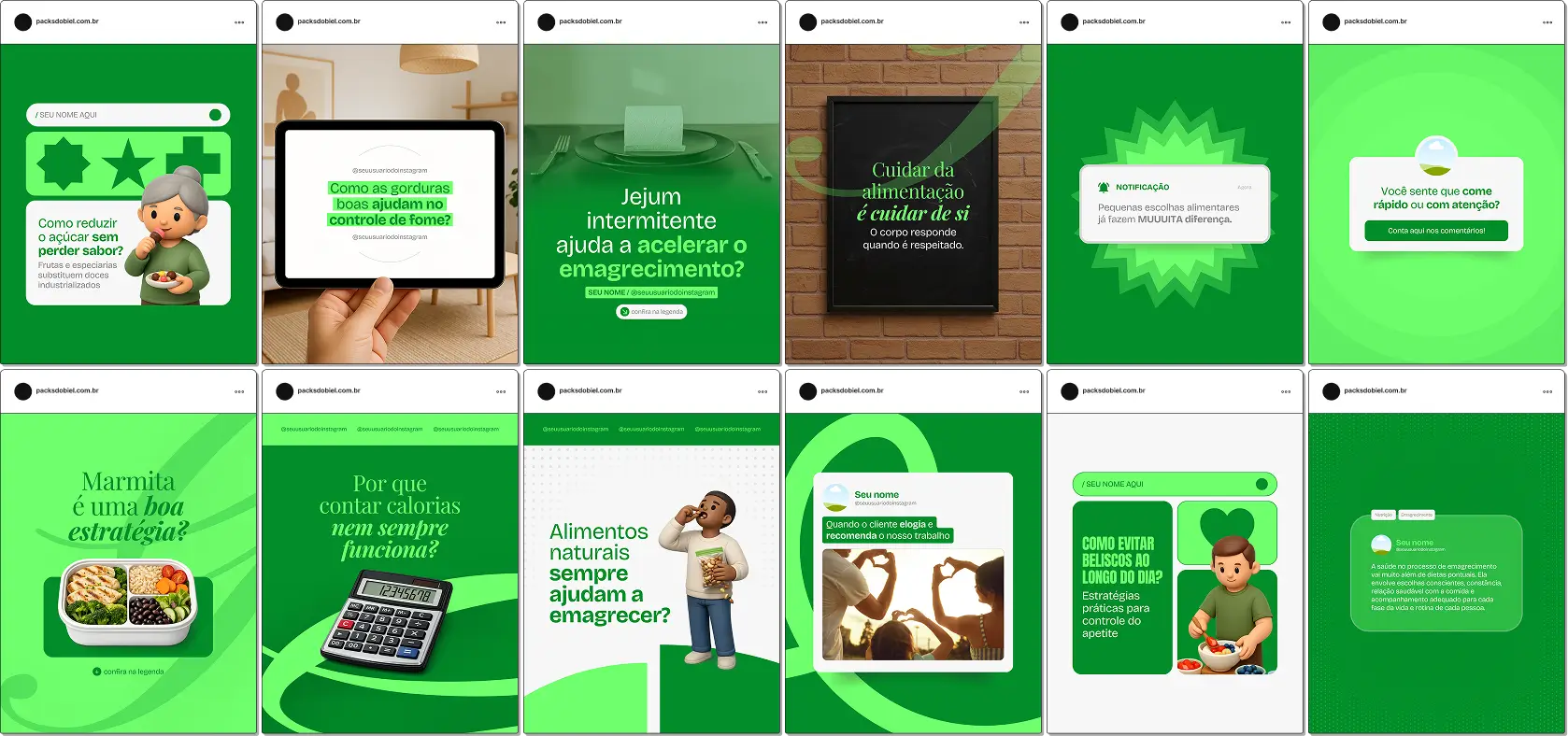 Pack de posts editáveis no Canva voltado para profissionais de nutrição que atuam com emagrecimento clínico, reeducação alimentar, melhora da composição corporal e promoção da saúde a longo prazo.