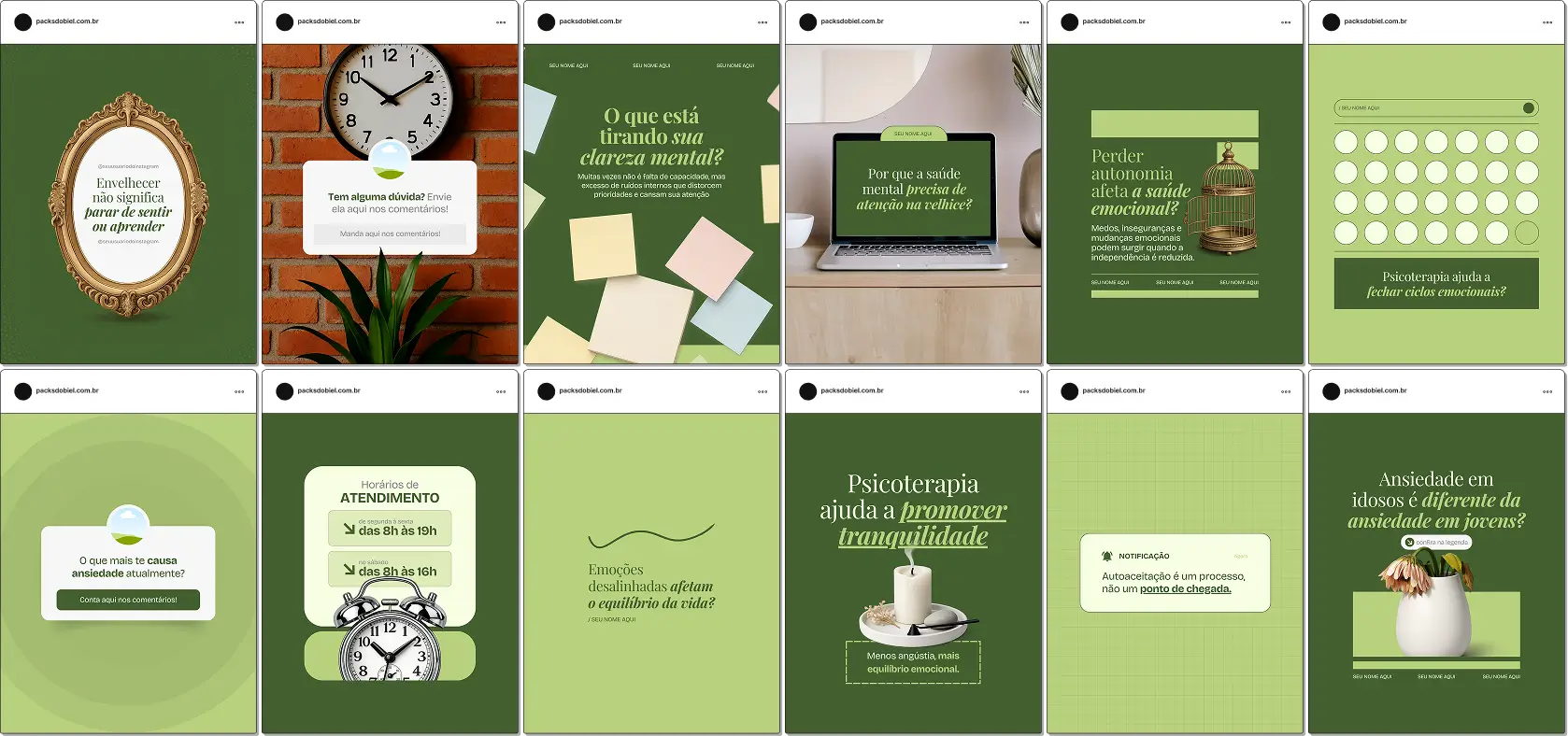 Pack de posts editáveis no Canva para psicoterapeutas que trabalham com idosos, focado em promoção da saúde mental, acolhimento, estabilidade emocional e qualidade de vida no envelhecimento.