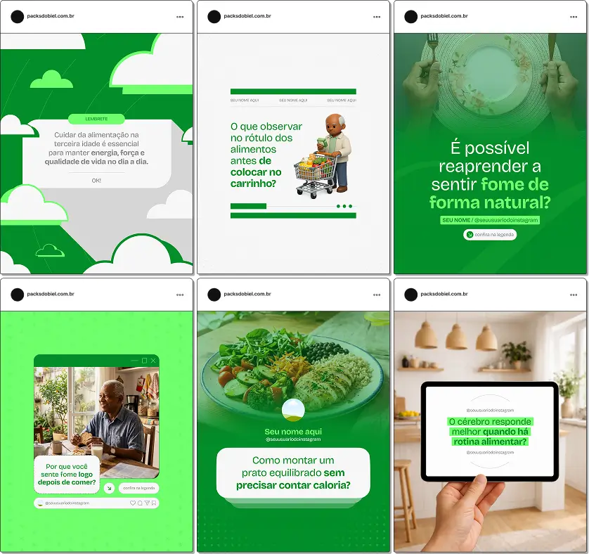 Pack de artes editáveis no Canva para profissionais de nutrição e emagrecimento, facilitando conteúdos sobre dieta equilibrada, controle de calorias, metabolismo, compulsão alimentar e estratégias para emagrecer com saúde.