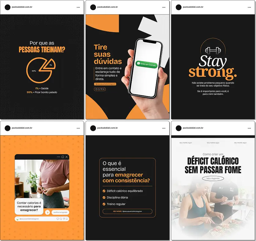 Pack de posts editáveis no Canva para personal trainer online ou presencial, ideal para compartilhar conteúdos sobre treino para perder barriga, gasto calórico, constância e mudança de estilo de vida.