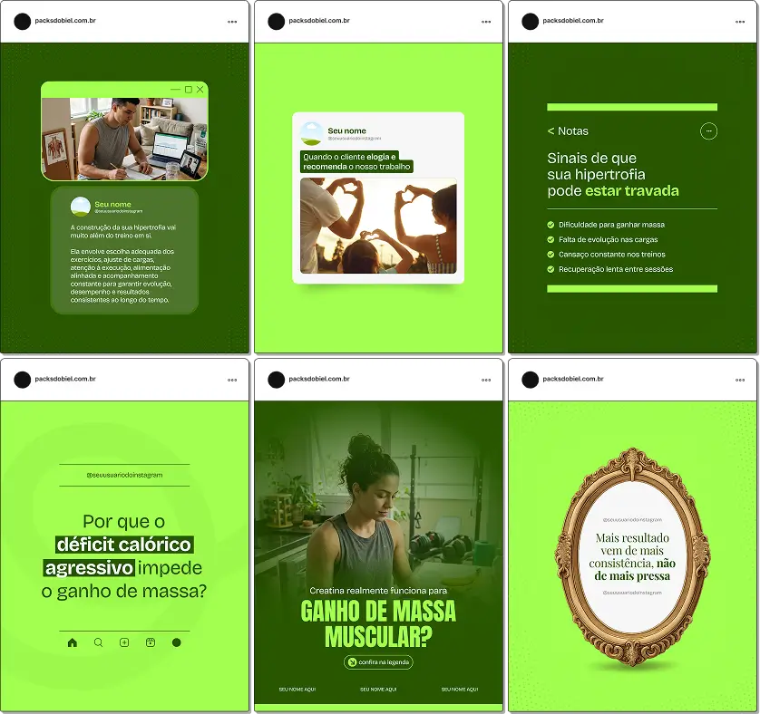 Pack de posts editáveis no Canva para personal trainer online ou presencial, ideal para compartilhar conteúdos sobre hipertrofia muscular, técnicas de treino, execução de exercícios e construção de massa magra.