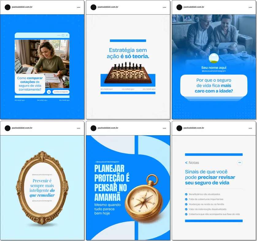 Pack de templates editáveis no Canva para corretores e consultores de seguro de vida que compartilham conteúdos sobre apólice, capital segurado, proteção familiar, imprevistos e organização financeira, facilitando um perfil educativo e consistente no Instagram.