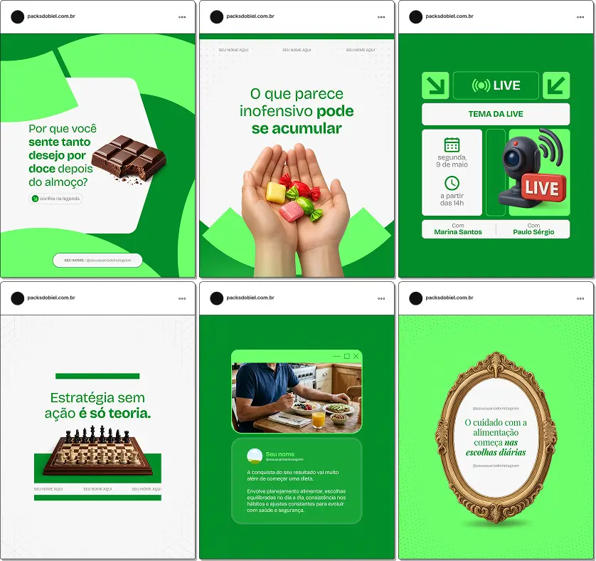 Pack de templates editáveis no Canva para nutricionistas que atendem pacientes com foco em emagrecimento, criado para produzir conteúdos sobre planejamento alimentar, cardápios, saciedade, substituições inteligentes e rotina alimentar.