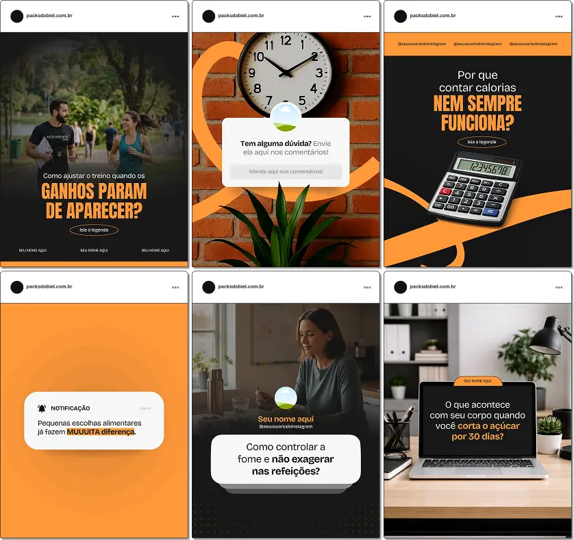 Pack de templates editáveis no Canva para personal trainer que atende alunos com foco em emagrecer, criado para produzir conteúdos sobre planejamento de treinos, frequência semanal, intensidade e evolução física.
