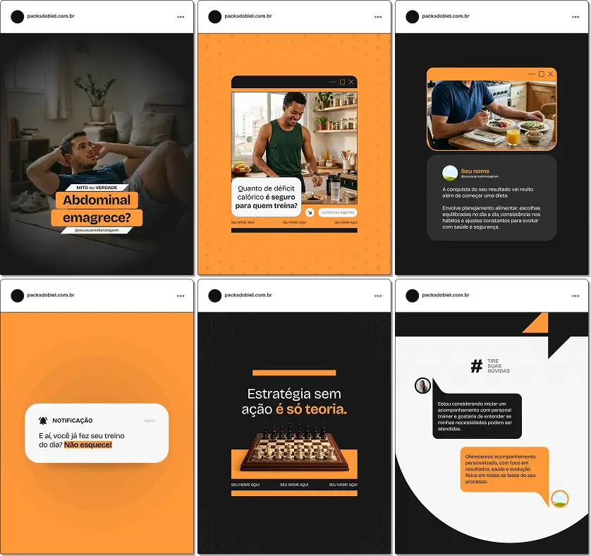 Pack de templates editáveis no Canva para personal trainer que atende alunos com foco em emagrecer, criado para produzir conteúdos sobre planejamento de treinos, frequência semanal, intensidade, déficit calórico e evolução física.