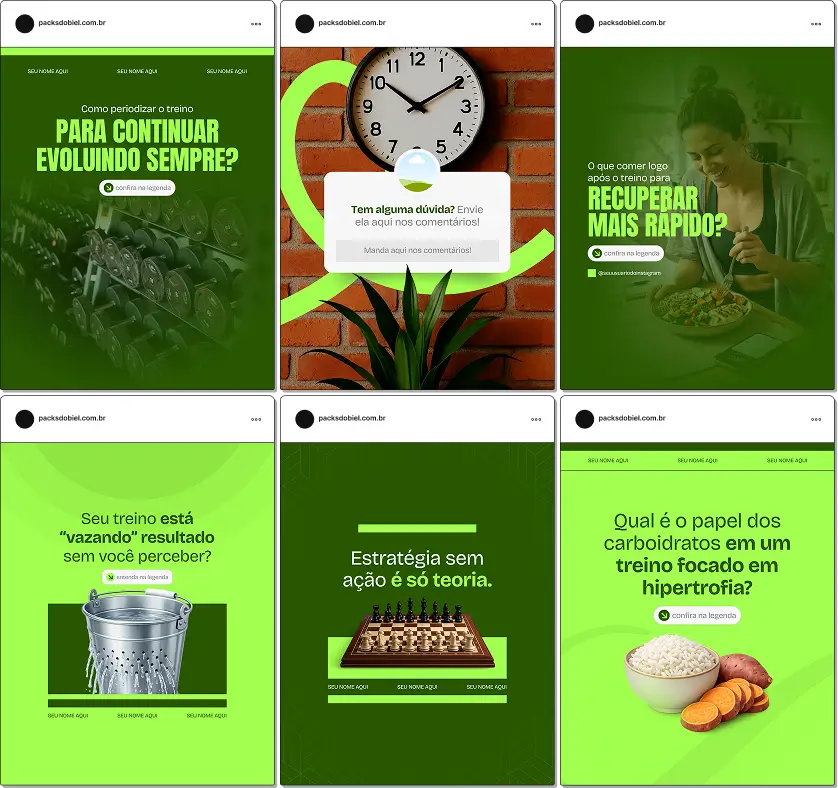 Pack de artes editáveis no Canva para profissionais de fitness que produzem conteúdos sobre musculação, crescimento muscular, definição, força e estratégias para evolução física.
