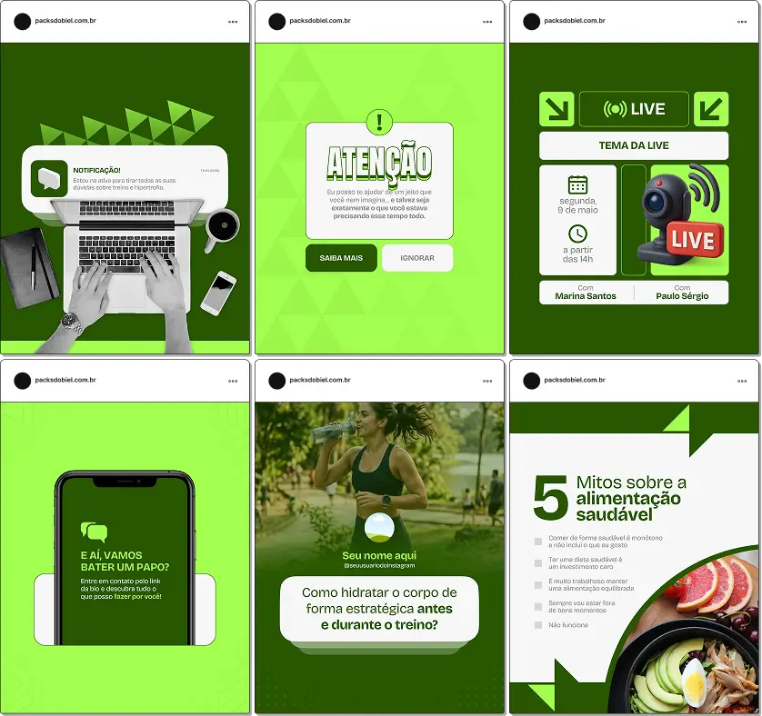 Pack de posts editáveis no Canva para personal trainer focado em hipertrofia, ideal para criar conteúdos sobre ganho de massa muscular, treino de força, divisão de treino, progressão de carga e execução correta dos exercícios, mantendo um feed profissional e estratégico.
