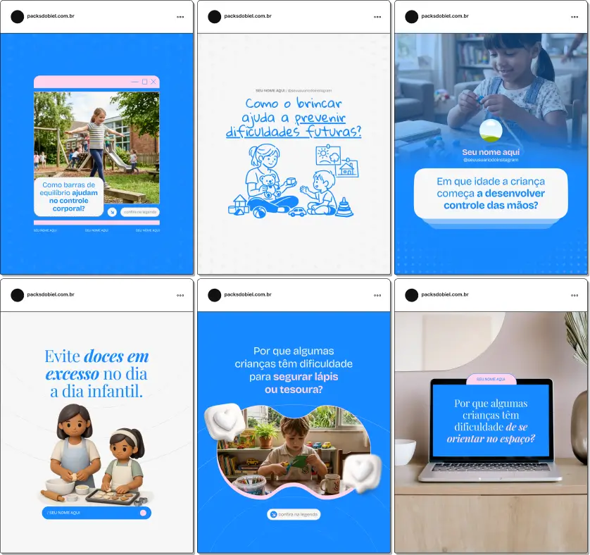 Pack de artes editáveis no Canva para terapeutas e educadores que atuam com psicomotricidade, voltado para conteúdos sobre habilidades motoras, integração sensorial, postura, atividades lúdicas e reabilitação psicomotora.