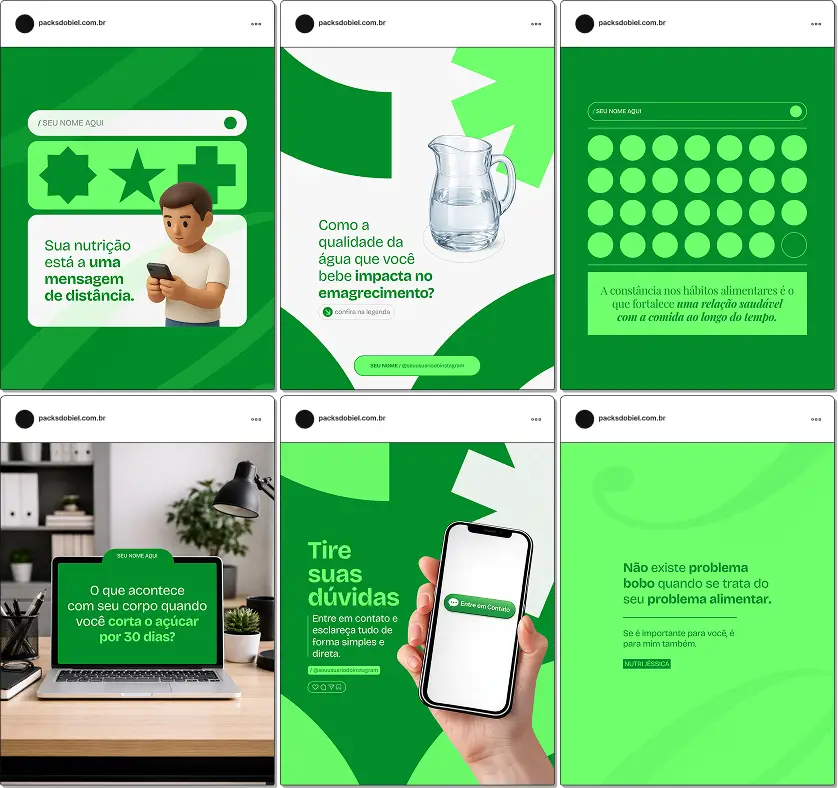 Pack de posts editáveis no Canva para nutricionistas que trabalham com emagrecimento, ideal para criar conteúdos sobre déficit calórico, reeducação alimentar, perda de peso saudável, hábitos alimentares e manutenção de resultados, mantendo um feed profissional e informativo.