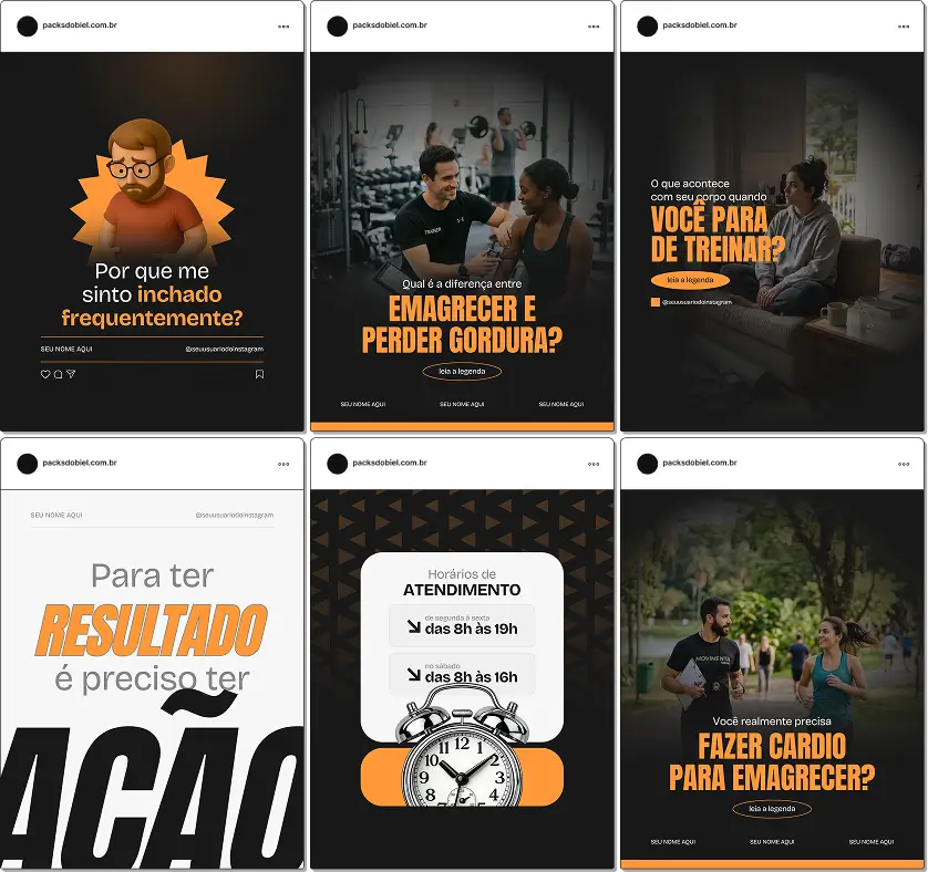 Pack de artes editáveis no Canva para profissionais de educação física que atuam com emagrecimento, facilitando conteúdos sobre treino funcional, HIIT, cardio, definição muscular e rotina de exercícios para resultados consistentes.