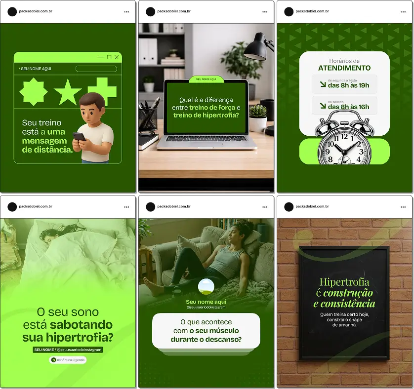 Pack de templates editáveis no Canva para personal trainer que atende alunos com foco em ganho de massa, criado para produzir conteúdos sobre planejamento de treino, sobrecarga progressiva, volume de treino e resultados consistentes.