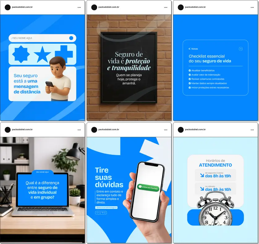 Pack de artes editáveis no Canva para profissionais que trabalham com seguro de vida, ideal para produzir conteúdos sobre indenização, tipos de cobertura, planejamento sucessório, proteção de renda e orientação para famílias.