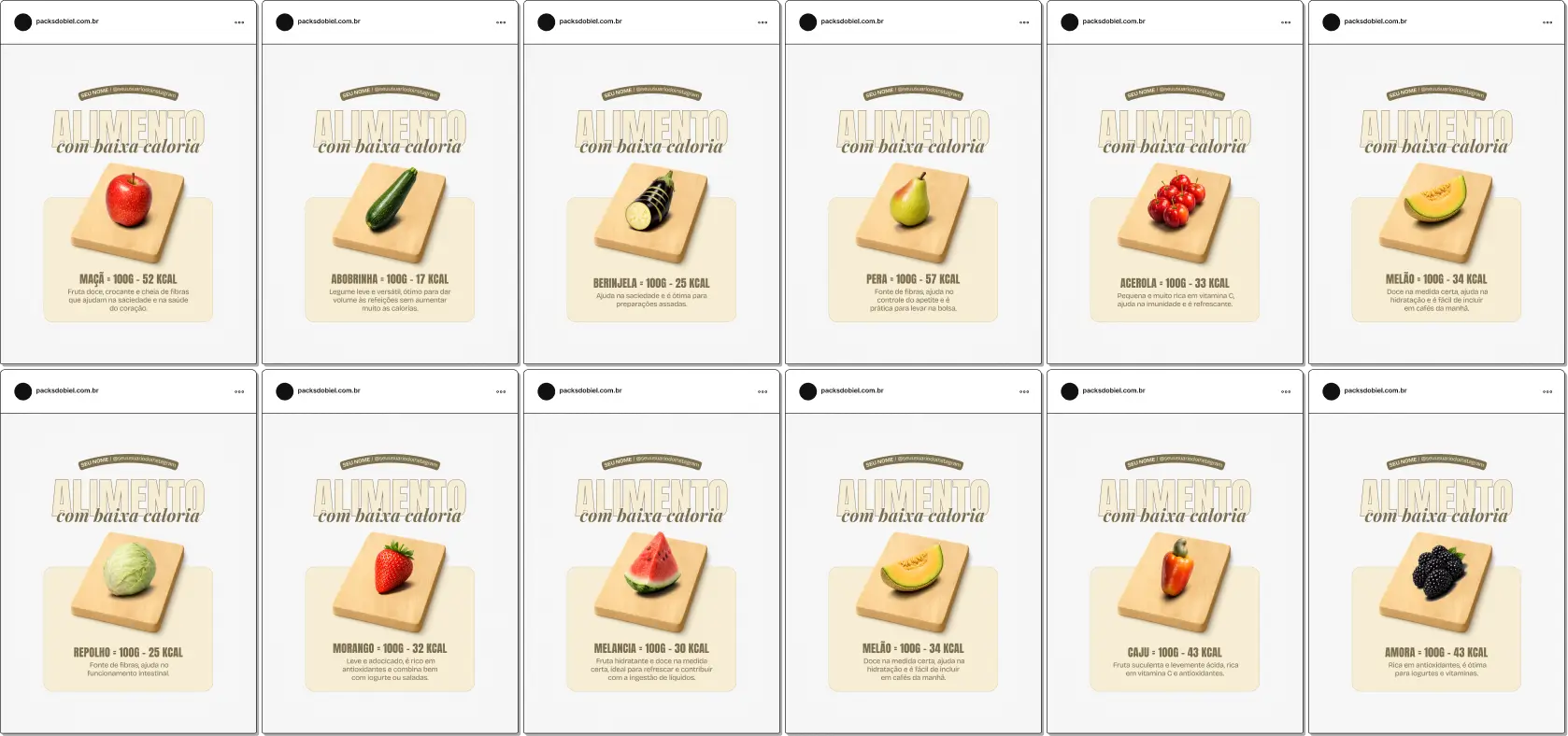 Pack de artes editáveis no Canva com sugestões de alimentos de baixa caloria, perfeito para profissionais que produzem conteúdo sobre dieta equilibrada, reeducação alimentar, substituições inteligentes e hábitos alimentares saudáveis.
