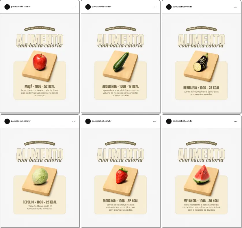 Pack de templates editáveis no Canva sobre opções de alimentos leves e nutritivos, desenvolvido para criar conteúdo sobre controle de peso, alimentação balanceada, qualidade nutricional e estratégias para reduzir calorias na rotina alimentar.