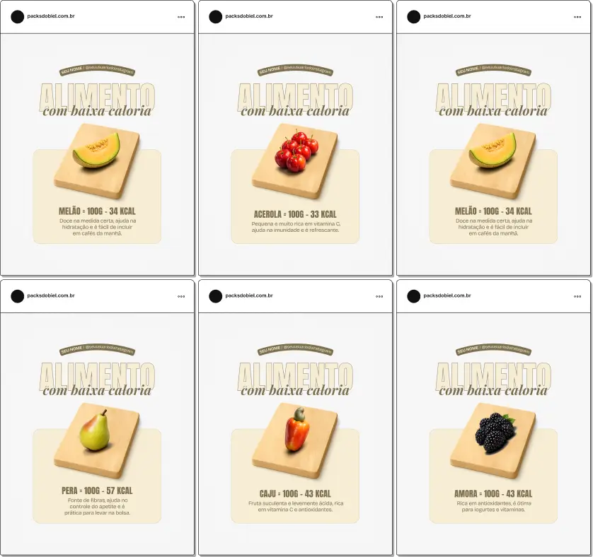Pack de posts editáveis no Canva sobre alimentos com baixa caloria, ideal para nutricionistas que criam conteúdo sobre alimentação saudável, controle calórico, emagrecimento equilibrado e escolhas alimentares mais leves no dia a dia.