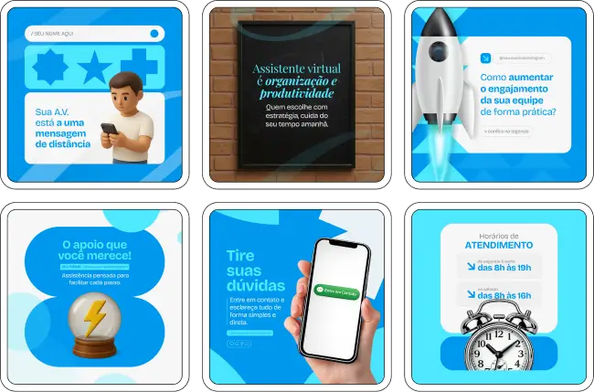 Pack de templates editáveis no Canva para assistentes virtuais que oferecem serviços como atendimento, backoffice, organização de processos e suporte operacional, facilitando a criação de um feed estratégico, consistente e atrativo para captar clientes.