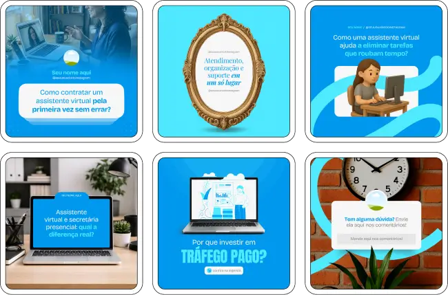 Pack de artes editáveis no Canva para profissionais de assistência virtual, ideal para produzir conteúdos sobre serviços remotos, suporte a empreendedores, gestão de e-mails, organização digital e rotina de trabalho online.