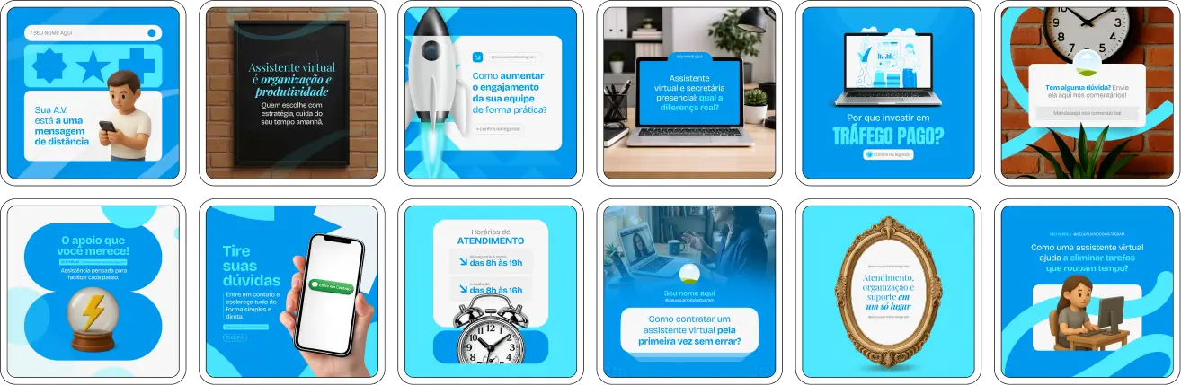 Pack de posts editáveis no Canva para assistentes virtuais que desejam criar conteúdos sobre gestão de agenda, atendimento ao cliente, suporte administrativo, organização de tarefas e produtividade, mantendo um perfil profissional e organizado no Instagram.
