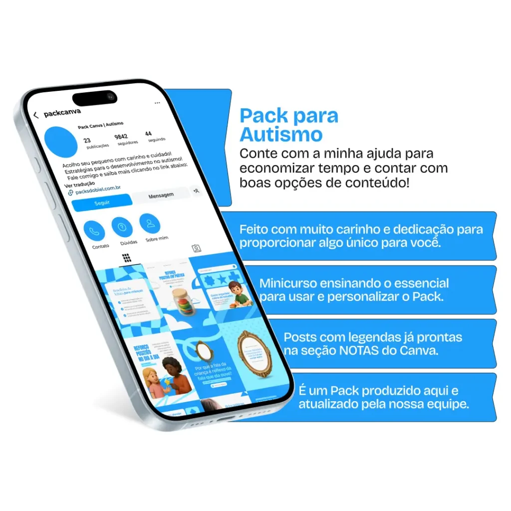 Pack de templates editáveis no Canva para profissionais especializados em TEA que produzem conteúdos sobre sinais do autismo, diagnóstico precoce, acompanhamento terapêutico, desenvolvimento e orientações práticas para pais e cuidadores.