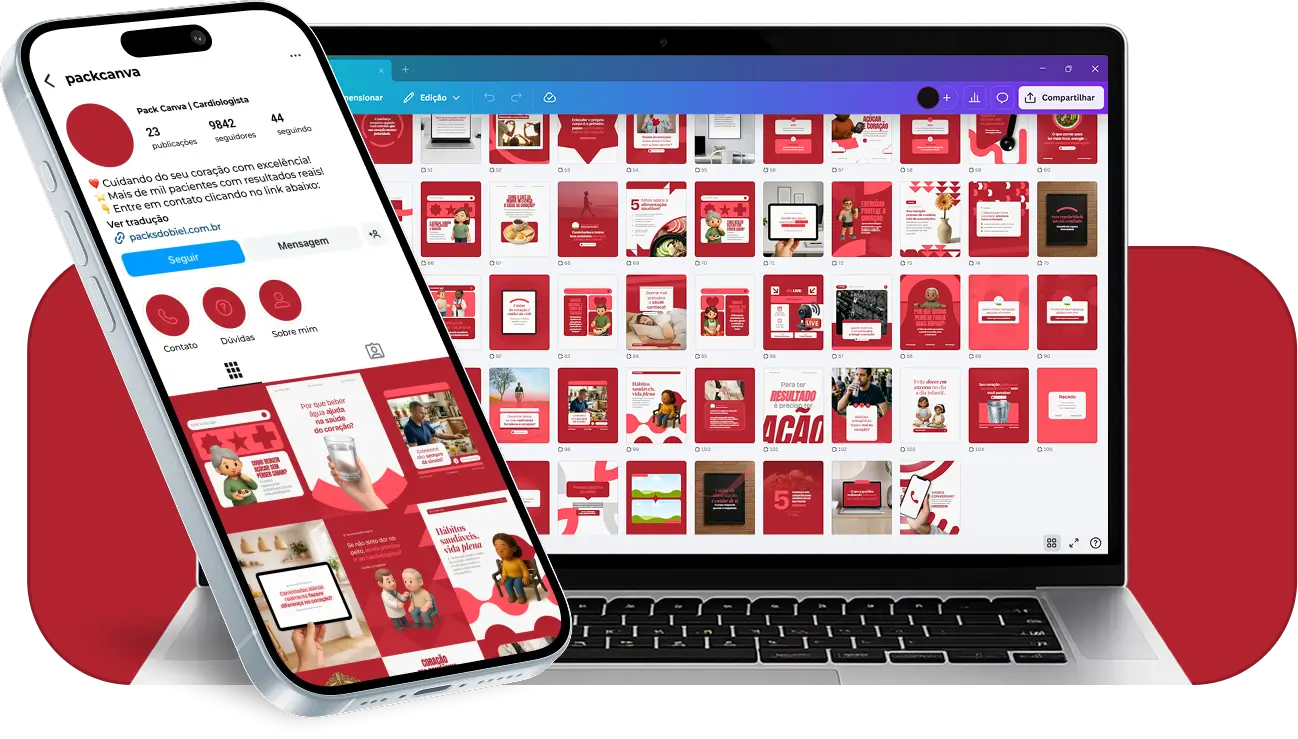 Pack de posts editáveis no Canva para cardiologistas que desejam criar conteúdos sobre saúde do coração, hipertensão, colesterol, prevenção de infarto e hábitos saudáveis, mantendo um feed informativo e profissional no Instagram.