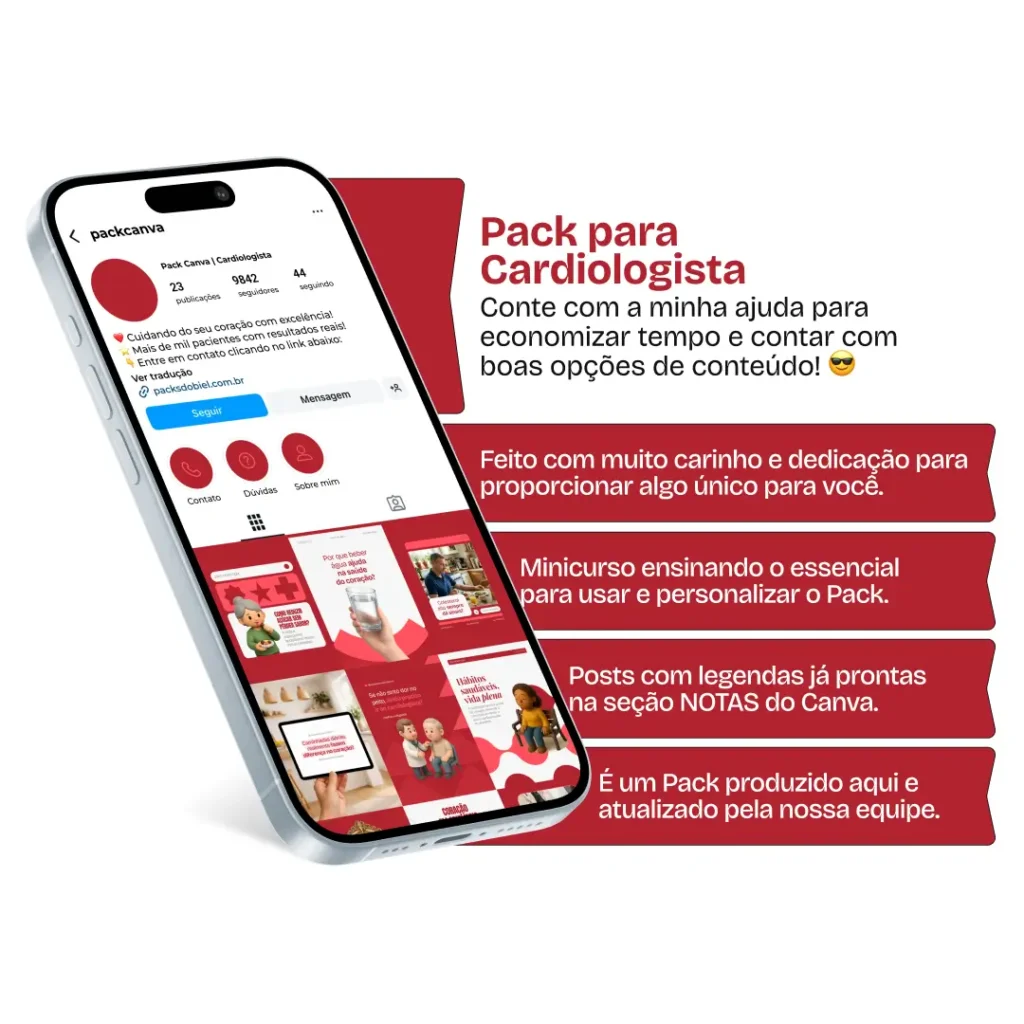 Pack de templates editáveis no Canva para profissionais de cardiologia que compartilham conteúdos sobre pressão alta, arritmia, circulação, exames cardiológicos e orientações para prevenção e cuidado com o coração.