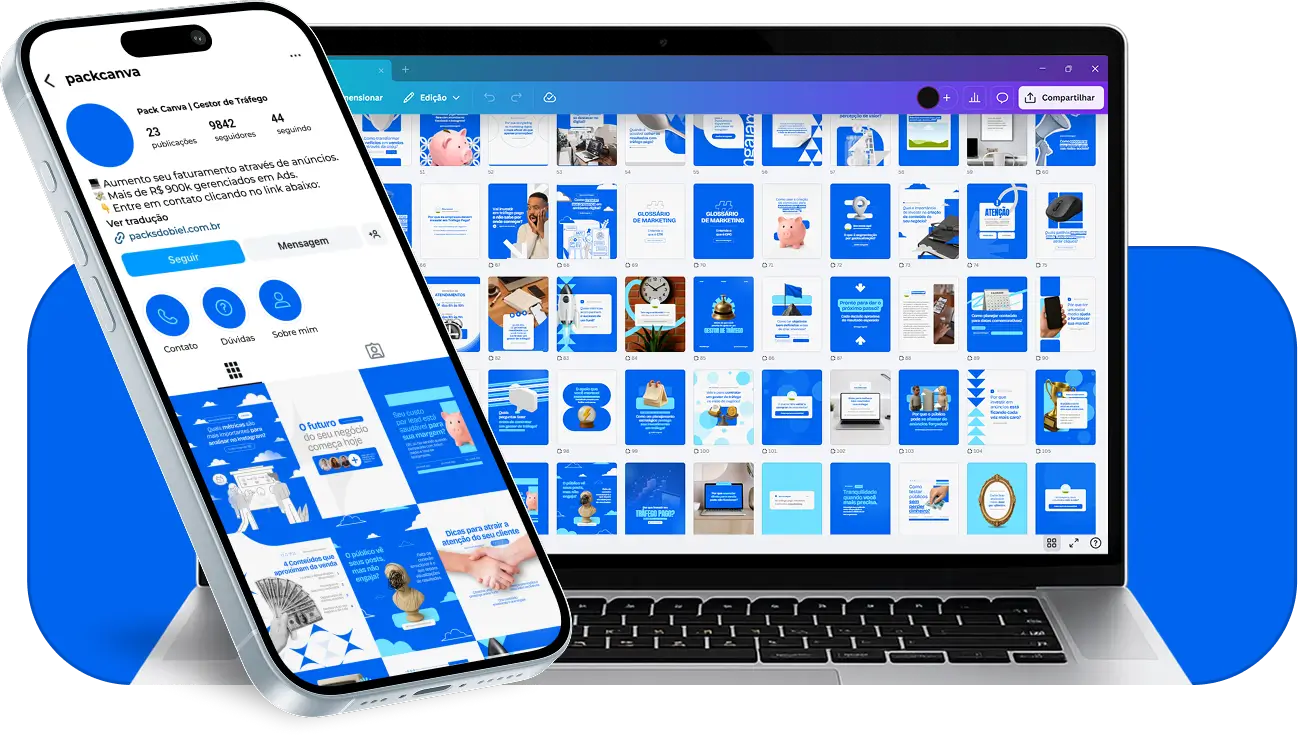 Pack de artes editáveis no Canva para profissionais de tráfego digital, ideal para quem produz conteúdo sobre funil de vendas, custo por clique, ROI, testes A B e otimização de campanhas para atrair e converter clientes.