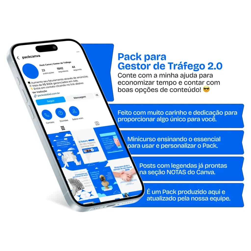 Pack de posts editáveis no Canva para gestores de tráfego pago que desejam criar conteúdos sobre Facebook Ads, Google Ads, campanhas de conversão, segmentação de público e análise de métricas, mantendo um feed profissional e atrativo.