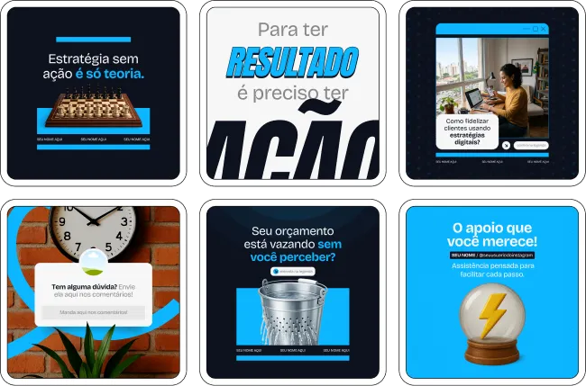 Pack de artes editáveis no Canva para especialistas em marketing digital, ideal para produzir conteúdo sobre criação de conteúdo, engajamento, autoridade digital, presença online e estratégias de atração de clientes.