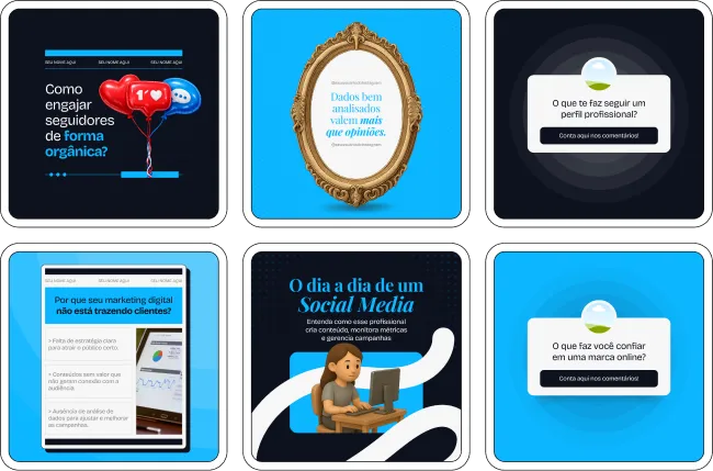 Pack de templates editáveis no Canva para profissionais que trabalham com marketing digital, focado em posts sobre tráfego pago, anúncios online, geração de leads, conversão e vendas pela internet.