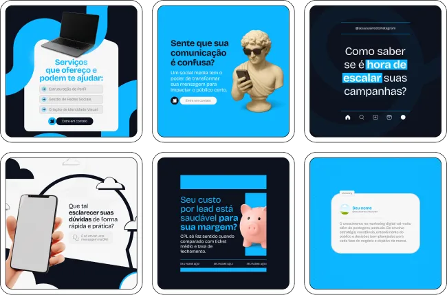 Pack de posts editáveis no Canva para empreendedores e social media que produzem conteúdo sobre Instagram, branding, posicionamento digital, planejamento de conteúdo e crescimento nas redes sociais.