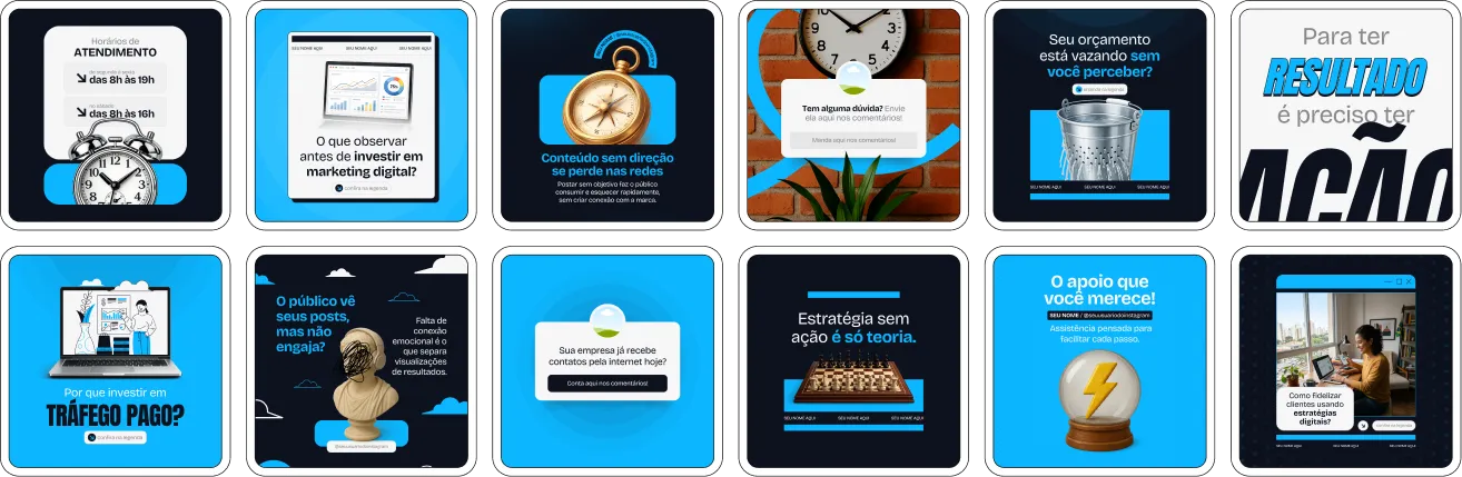 Pack de artes editáveis no Canva para criadores de conteúdo e profissionais de marketing que compartilham dicas sobre funil de marketing, estratégias de conteúdo, copywriting, engajamento e autoridade no ambiente digital.