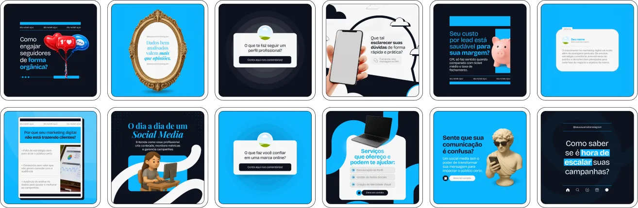Pack de templates editáveis no Canva para profissionais que ensinam marketing digital, ideal para conteúdos sobre estratégias de vendas online, construção de audiência, presença digital e desenvolvimento de negócios na internet.