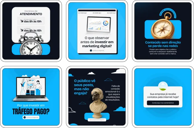 Pack de posts editáveis no Canva para profissionais de marketing digital que desejam criar conteúdo sobre estratégias online, redes sociais, posicionamento de marca, funil de vendas e crescimento no Instagram.