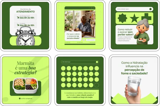 Pack de artes editáveis no Canva para profissionais de nutrição que abordam comportamento alimentar, alimentação consciente e mudança de hábitos, facilitando a criação de conteúdos educativos sobre equilíbrio alimentar, emoções e alimentação.