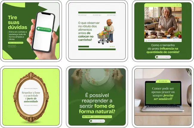 Pack de templates editáveis no Canva para nutricionistas especializados em nutrição comportamental, criado para explicar temas como comer intuitivo, padrões alimentares, relação emocional com a comida e estratégias para desenvolver uma alimentação mais consciente.