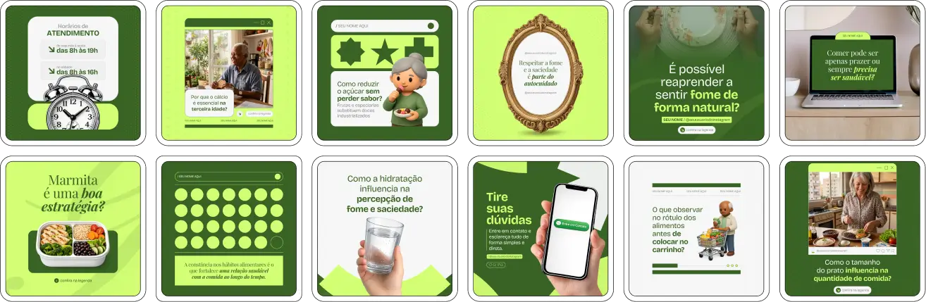 Pack de posts editáveis no Canva para nutricionistas que trabalham com nutrição comportamental, ideal para produzir conteúdos sobre relação com a comida, fome e saciedade, compulsão alimentar, consciência alimentar e construção de hábitos saudáveis.