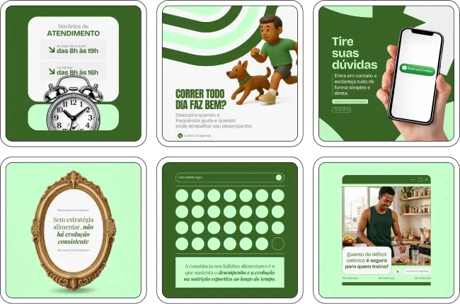 Pack de artes editáveis no Canva para profissionais de nutrição esportiva que abordam hipertrofia, definição, dieta para atletas, hidratação, recuperação muscular e estratégias alimentares para melhorar o rendimento físico.