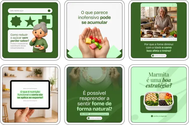 Pack de templates editáveis no Canva para nutricionistas que atendem praticantes de atividade física e atletas, criado para facilitar conteúdos sobre planejamento alimentar, macros, energia para treino, suplementos e rotina alimentar voltada para performance.