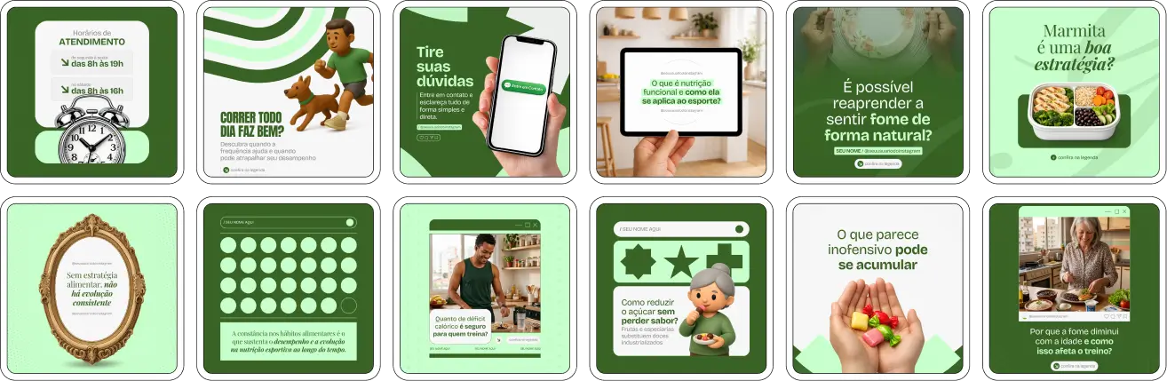 Pack de posts editáveis no Canva para nutricionistas esportivos que produzem conteúdo sobre performance, ganho de massa muscular, emagrecimento, suplementação e alimentação pré e pós treino, ideal para manter um feed profissional e atrativo no Instagram.