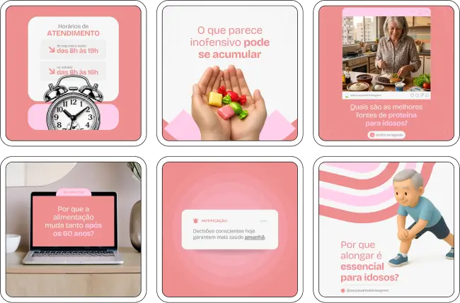 Pack de templates editáveis no Canva para nutricionistas especializados em nutrição geriátrica, criado para explicar temas como sarcopenia, hidratação do idoso, vitaminas, minerais e estratégias alimentares para envelhecimento saudável.